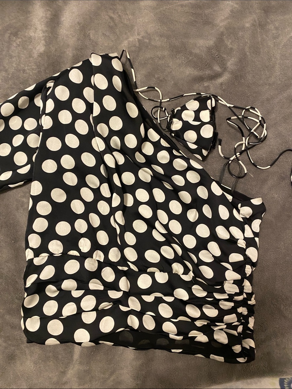 Mango Black and White Polka Dot One-Shoulder Crop Top